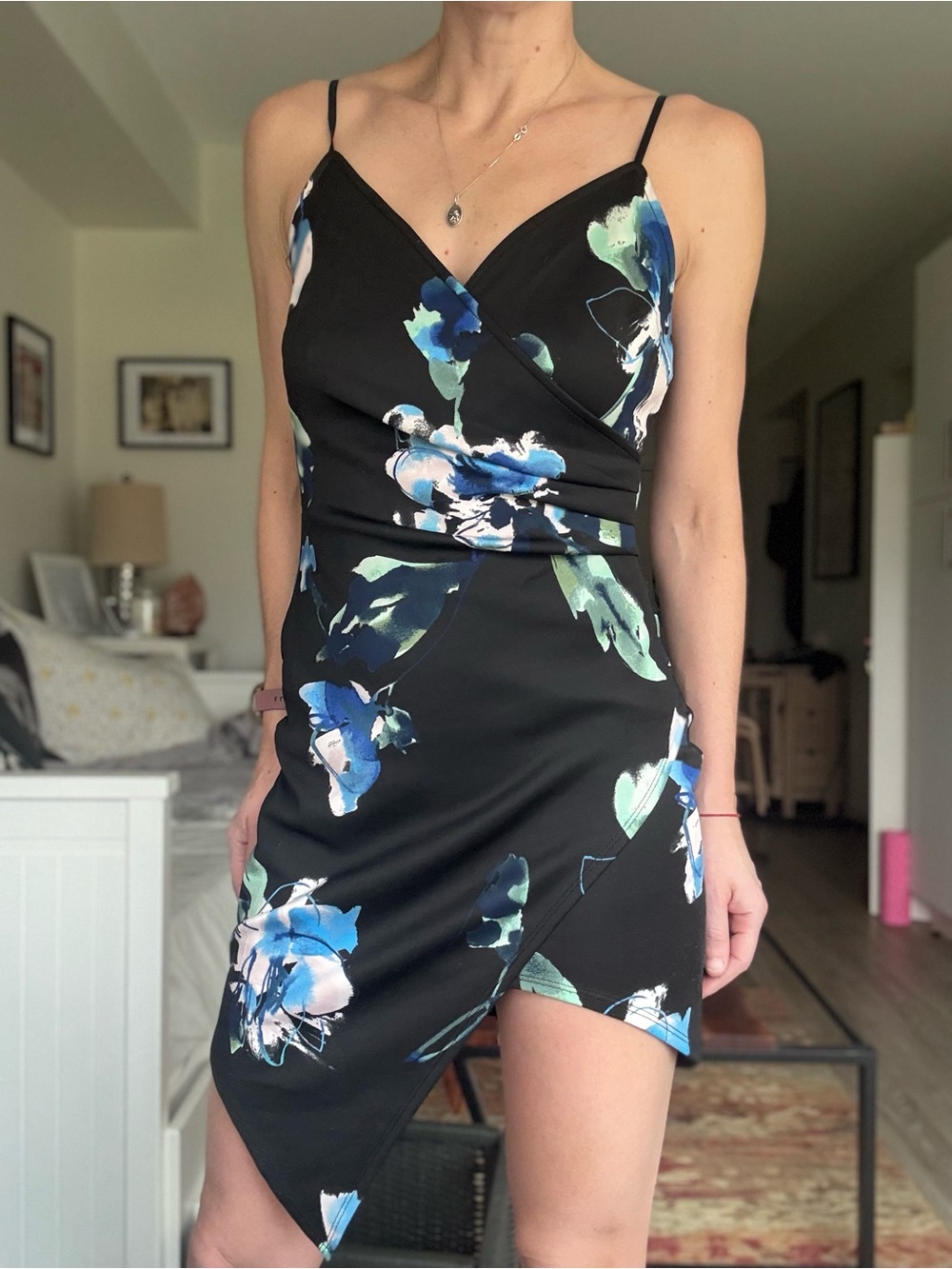 le chateau Black Asymmetrical Floral Mini Dress with Blue & Green Print